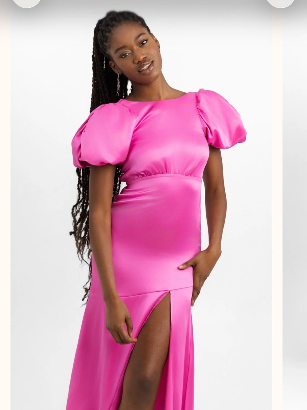 Miss Selfridge Hot Pink Puff-Sleeve Midi Dress